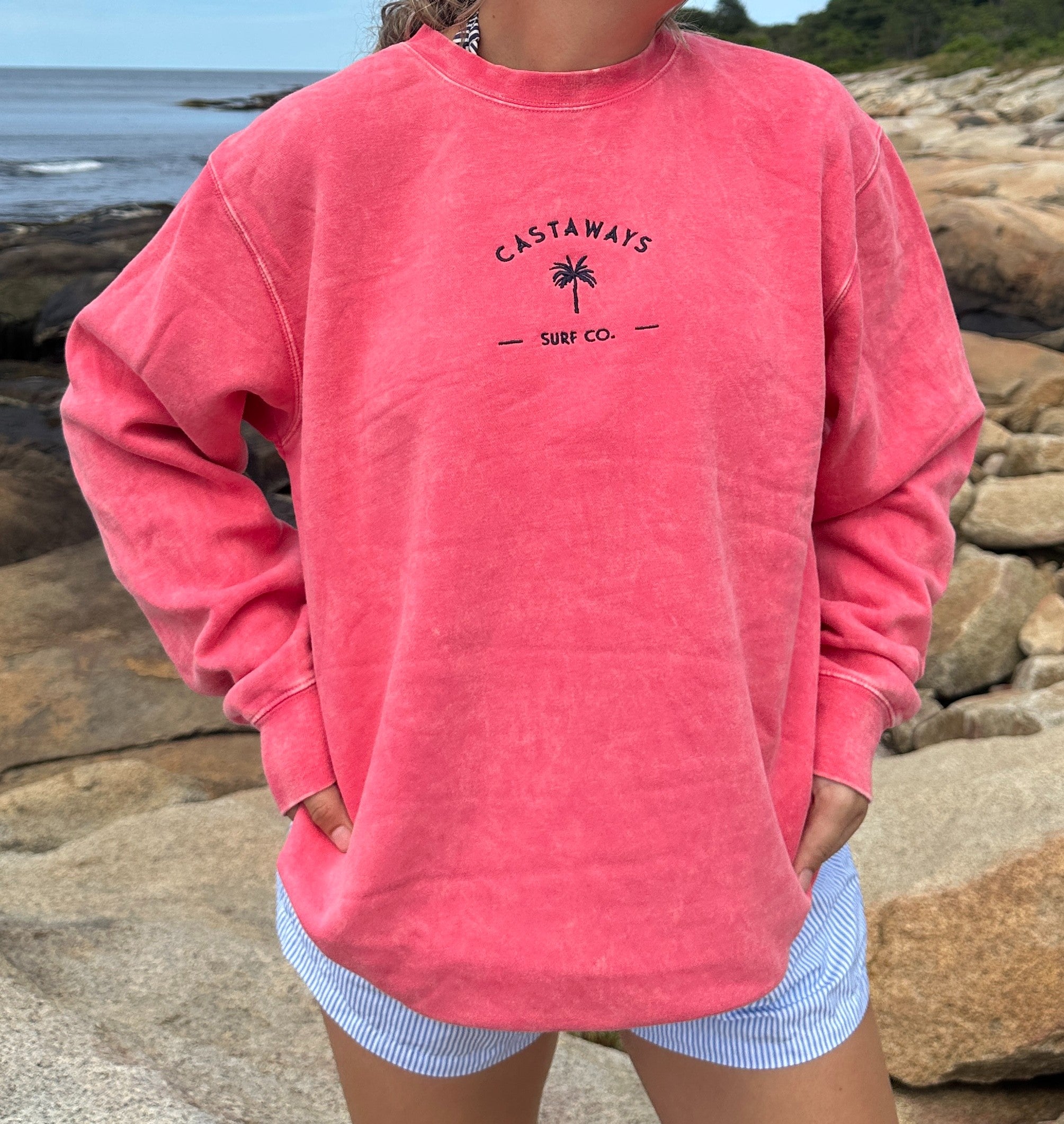 Pink Embroidered Palm Crew